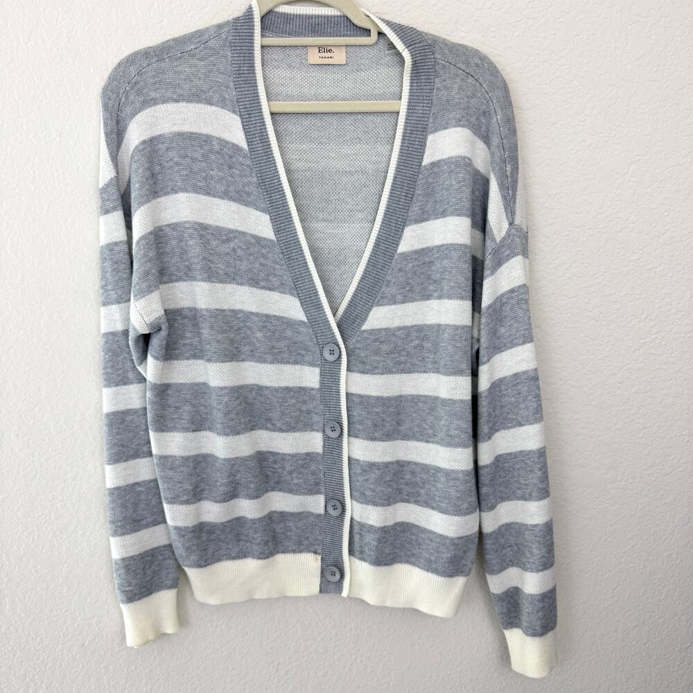 Elie Tahari Womens Cardigan Sweater Size XL Stripe Knit Preppy Academia Gray